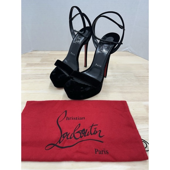 Christian Louboutin 40.5 Loubi Queen Alta 150 Black Ankle Strap Sandal Heel Pump